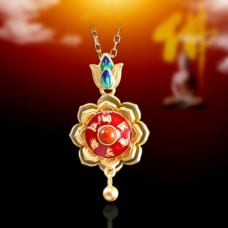 Buddha Stones 925 Sterling Silver Tibet Lotus Prayer Wheel Red Agate Enlightenment Necklace Pendant