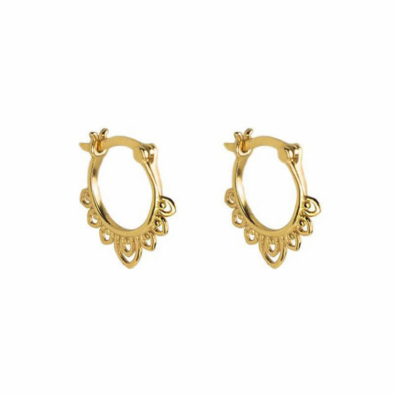 Buddha Stones Round Lotus Flower Pattern Luck Hoop Earrings