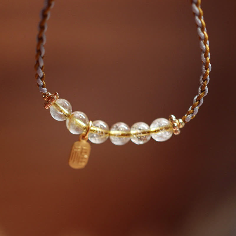 Buddha Stones 925 Sterling Silver Natural Jade Gourd Rutilated Quartz Fu Character Luck Braid Bracelet