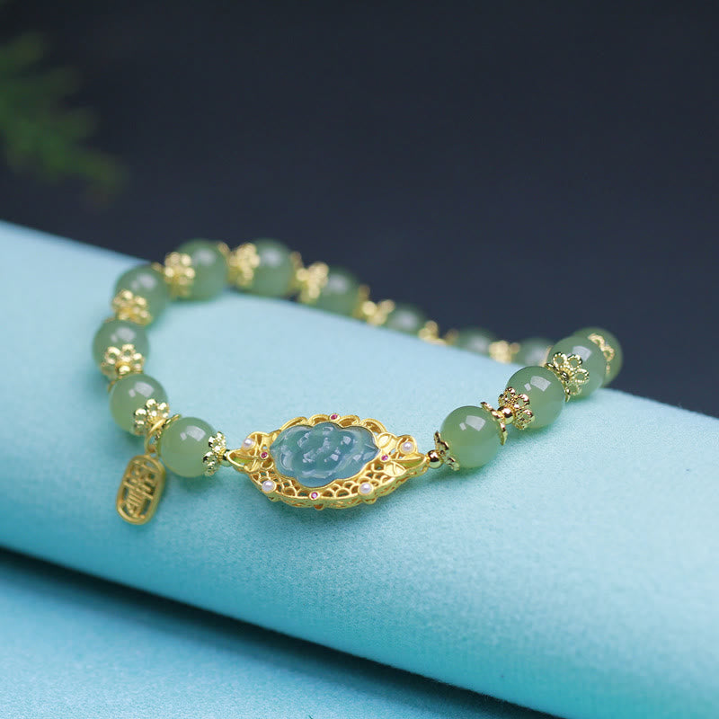 Buddha Stones 925 Sterling Silver Plated 14K Gold Hetian Jade Lotus Luck Bracelet