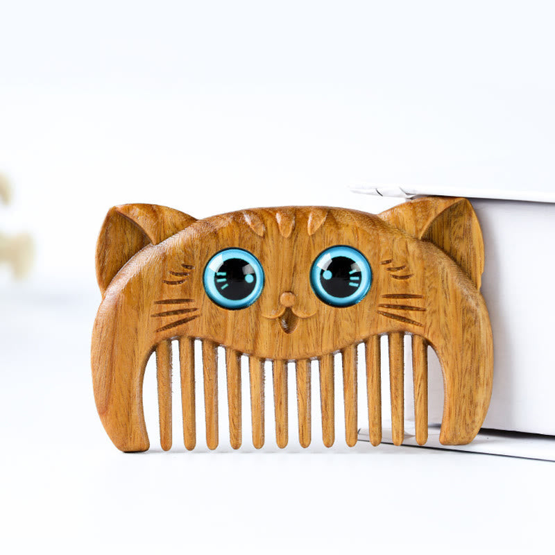 Buddha Stones Simple Cat Pattern Green Sandalwood Cure Portable Comb