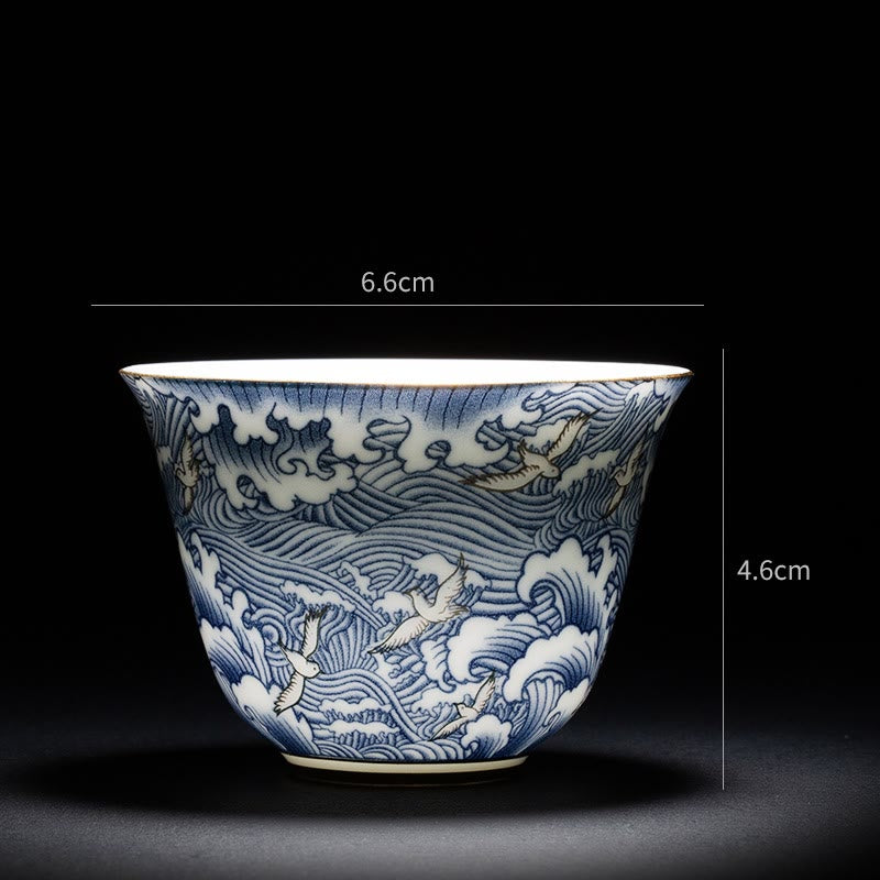 Buddha Stones Colorful Flowers Orchid Sea Waves Blue and White Porcelain Ceramic Teacup Kung Fu Tea Cup
