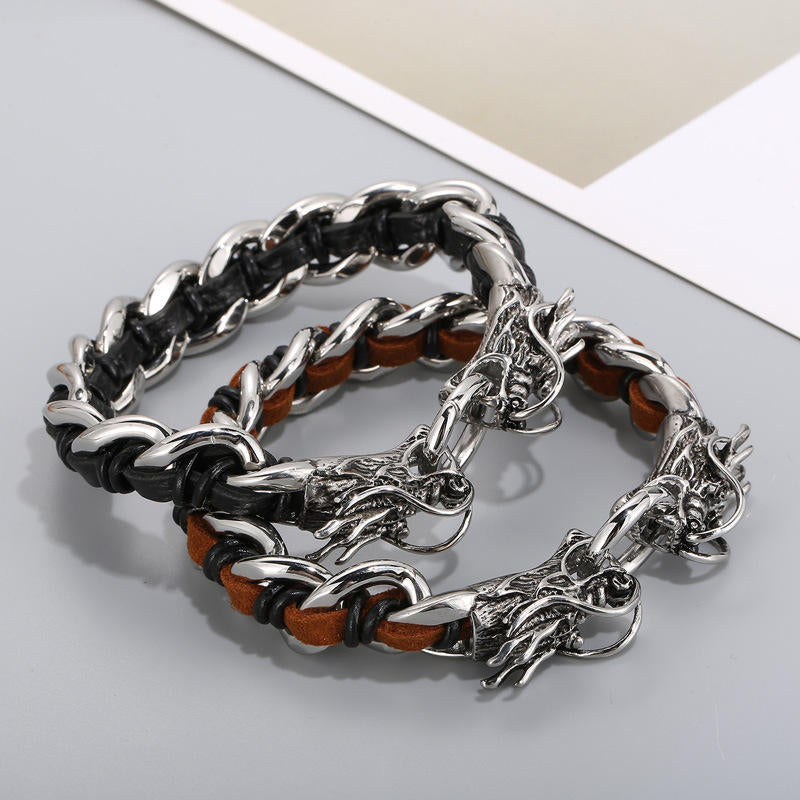 Buddha Stones Dragon Leather Titanium Steel Protection Luck Braided Bracelet