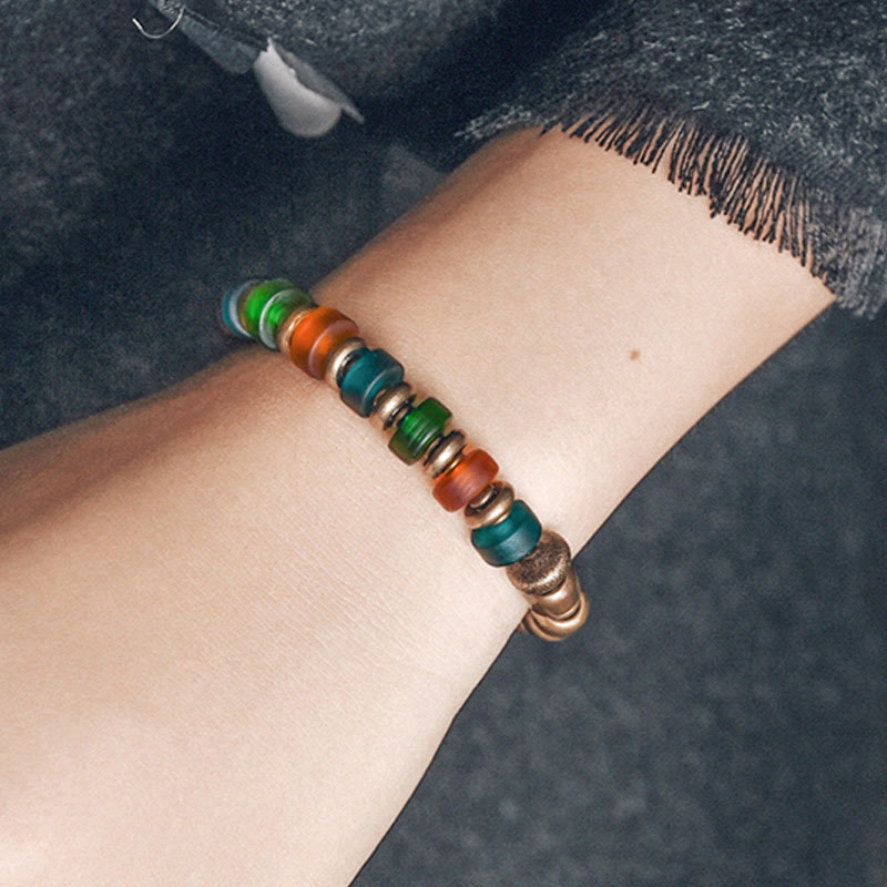 Buddha Stones Tibetan Colorful Glass Beads Copper Wealth Bracelet