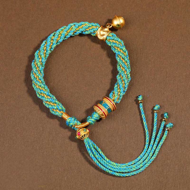 Buddha Stones Tibetan Handmade Luck Protection Thangka Prayer Wheel Bell Charm Braid String Bracelet