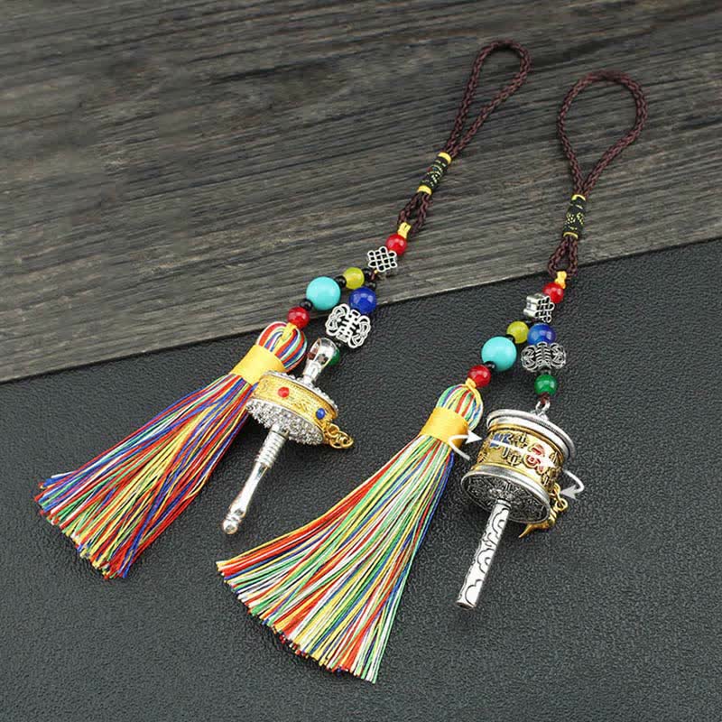 Buddha Stones Tibet Om Mani Padme Hum Prayer Wheel Tassel Bag Car Hanging Decoration