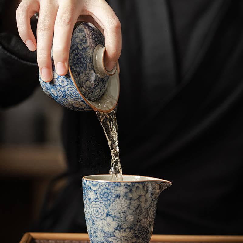 Buddha Stones Vintage Blue And White Porcelain Peach Blossom Lotus Peony Ceramic Gaiwan Sancai Teacup Kung Fu Tea Cup And Saucer With Lid