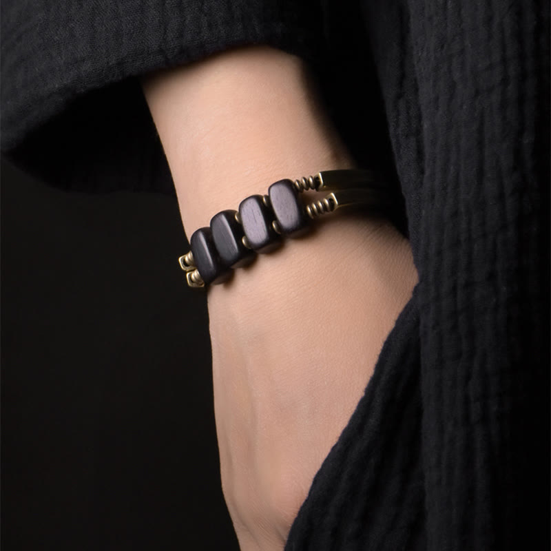 Buddha Stones Tibetan Ebony Wood Brass Copper Balance Double Layer Bracelet
