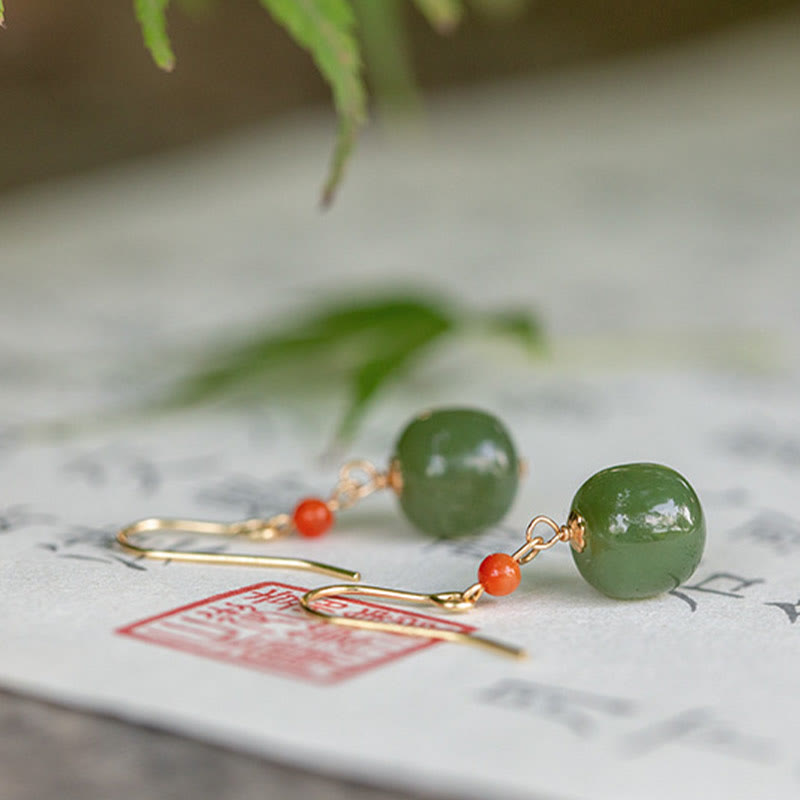 Buddha Stones 925 Sterling Silver Plated 14k Gold Hetian Jade Red Agate Luck Drop Dangle Earrings