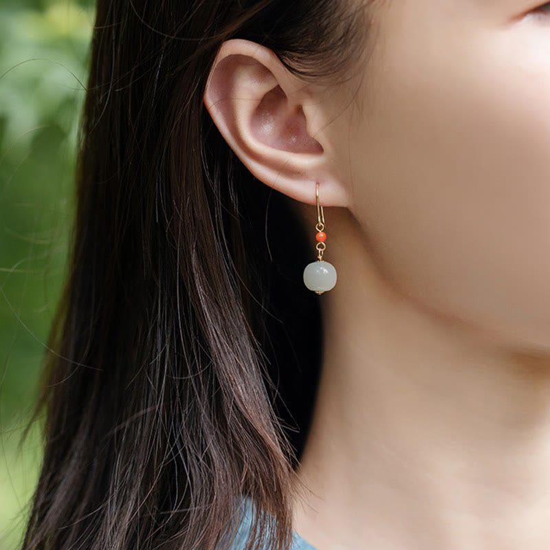 Buddha Stones 925 Sterling Silver Plated 14k Gold Hetian Jade Red Agate Luck Drop Dangle Earrings