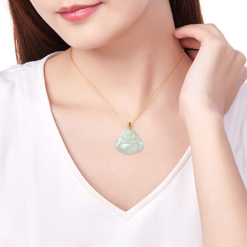 Buddha Stones Laughing Buddha Natural Jade 925 Sterling Silver Plated Gold Abundance Necklace Pendant