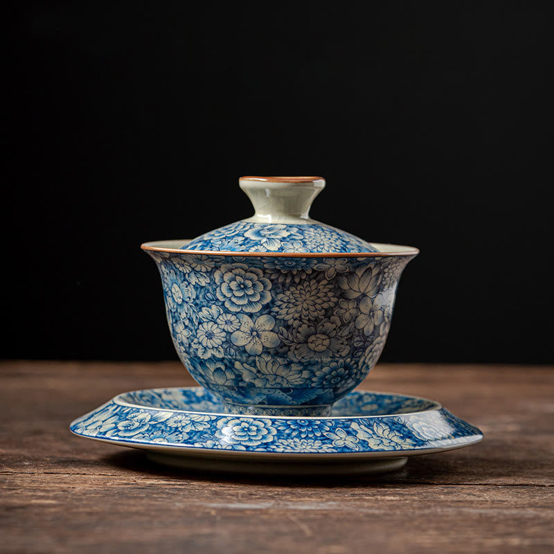 Buddha Stones Vintage Blue And White Porcelain Peach Blossom Lotus Peony Ceramic Gaiwan Sancai Teacup Kung Fu Tea Cup And Saucer With Lid