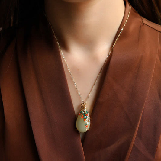 Buddha Stones White Jade Peacock Protection Necklace Chain Pendant