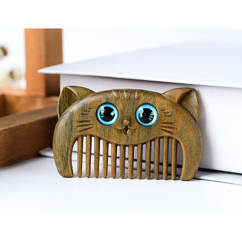 Buddha Stones Simple Cat Pattern Green Sandalwood Cure Portable Comb