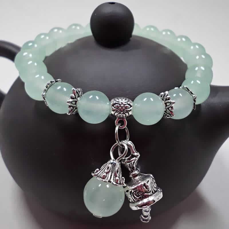 Buddha Stones Vintage Crystal Chalcedony Stone Energy Beaded Bell Charm Bracelet