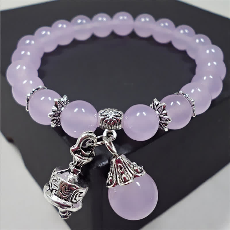 Buddha Stones Vintage Crystal Chalcedony Stone Energy Beaded Bell Charm Bracelet