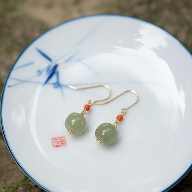 Buddha Stones 925 Sterling Silver Plated 14k Gold Hetian Jade Red Agate Luck Drop Dangle Earrings