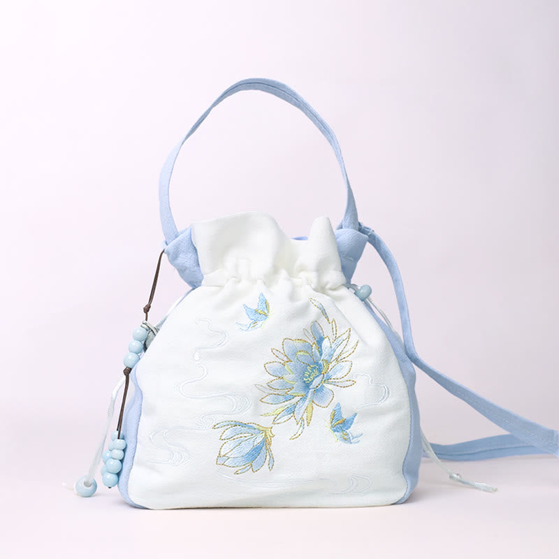 Buddha Stones Embroidered Butterfly Lotus Magnolia Cotton Linen Tote Crossbody Bag Shoulder Bag Handbag