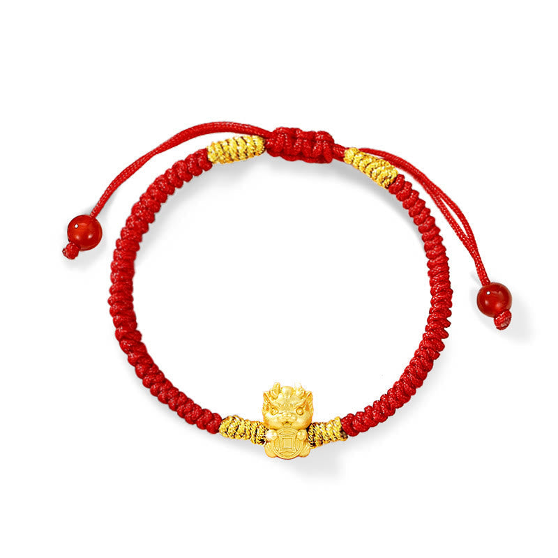 Buddha Stones 999 Sterling Silver Year of the Dragon Copper Coin Fortune Dragon Fu Character Luck Handcrafted Red String Braided Bracelet (Extra 30% Off | USE CODE: FS30)