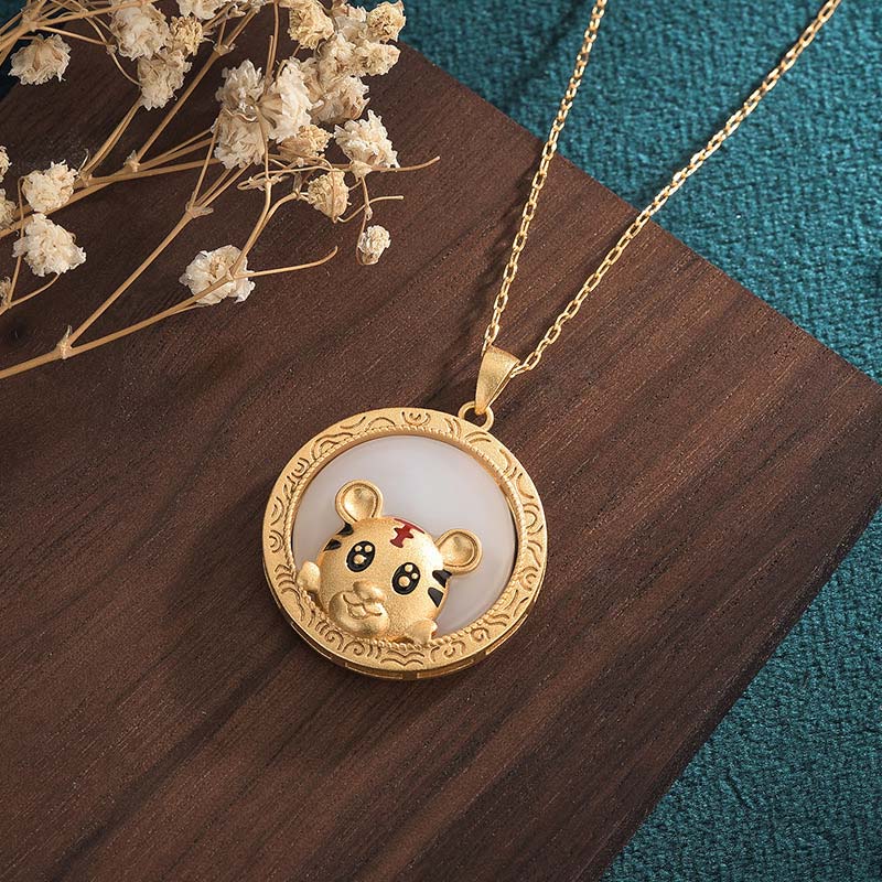 Buddha Stones White Jade Year of the Tiger Blessing Necklace