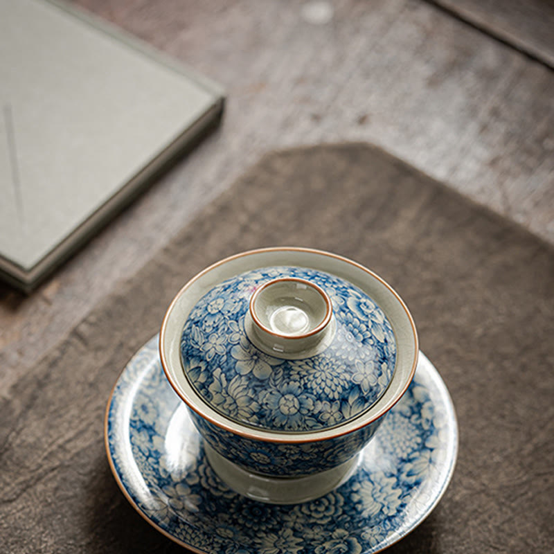 Buddha Stones Vintage Blue And White Porcelain Peach Blossom Lotus Peony Ceramic Gaiwan Sancai Teacup Kung Fu Tea Cup And Saucer With Lid