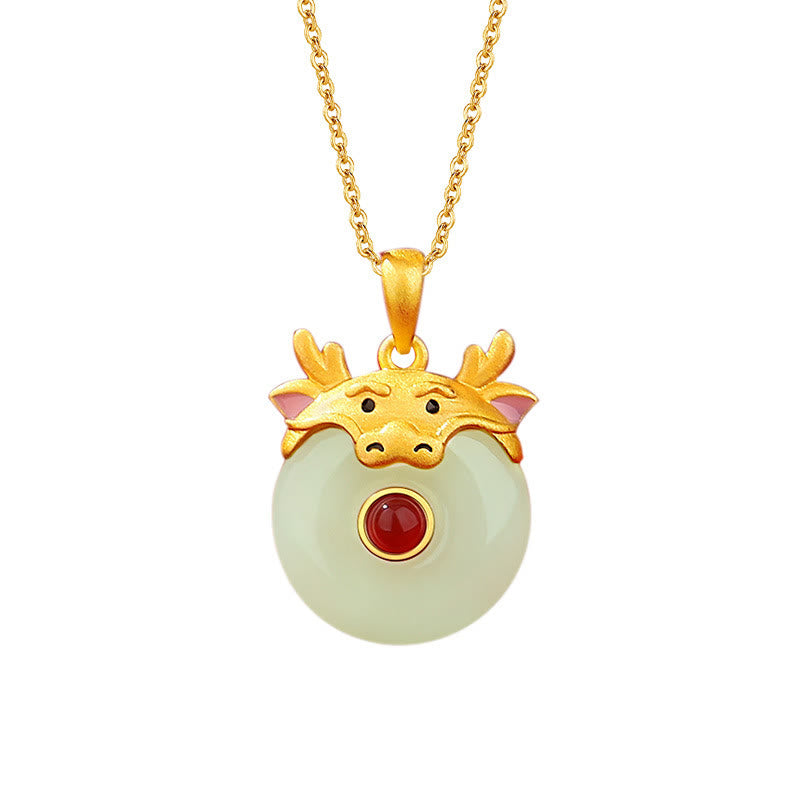 Buddha Stones 925 Sterling Silver Hetian Jade Chinese Zodiac Year of the Dragon Red Agate Luck Protection Necklace Pendant