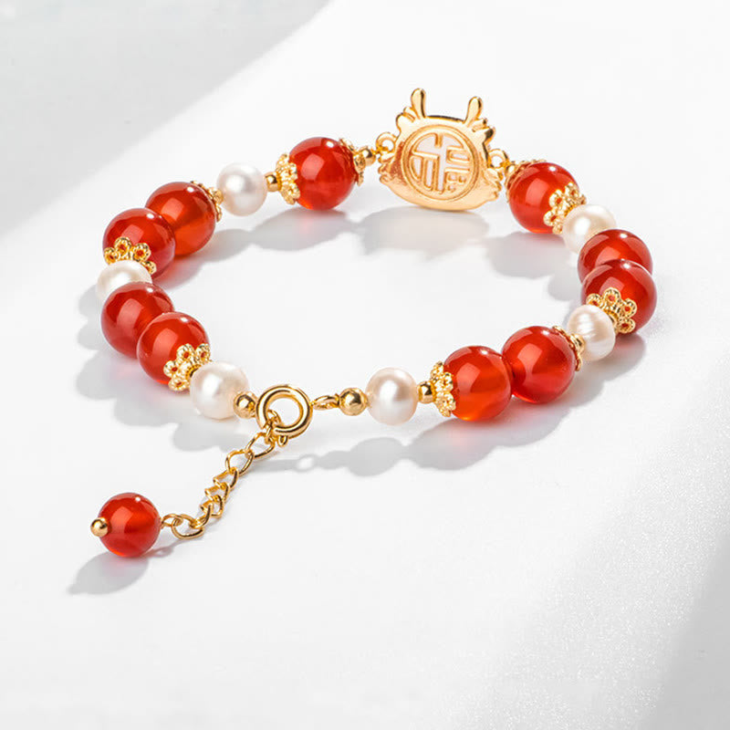 Buddha Stones 14K Gold Plated Year Of The Dragon Natural Red Agate Pearl Protection Fu Character Chain Bracelet (Extra 30% Off | USE CODE: FS30)