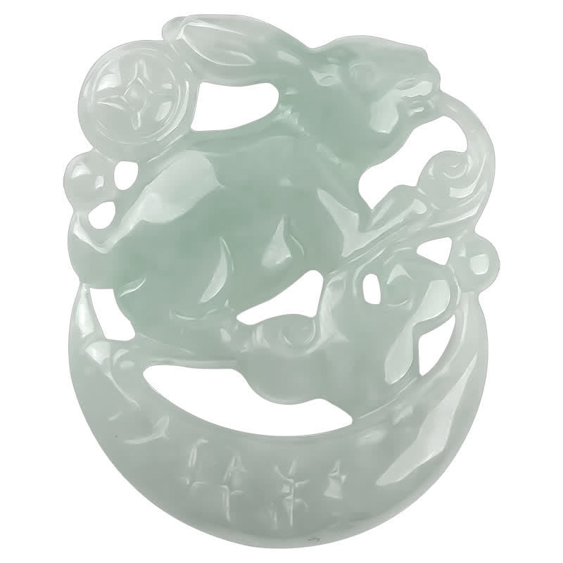 Buddha Stones Year of the Rabbit White Jade Crescent Moon Protection Necklace Pendant