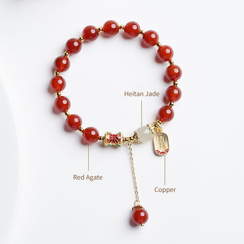 Buddha Stones Natural Red Agate Hetian Jade Fu Character Confidence Charm Bracelet (Extra 30% Off | USE CODE: FS30)