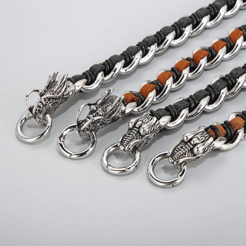 Buddha Stones Dragon Leather Titanium Steel Protection Luck Braided Bracelet