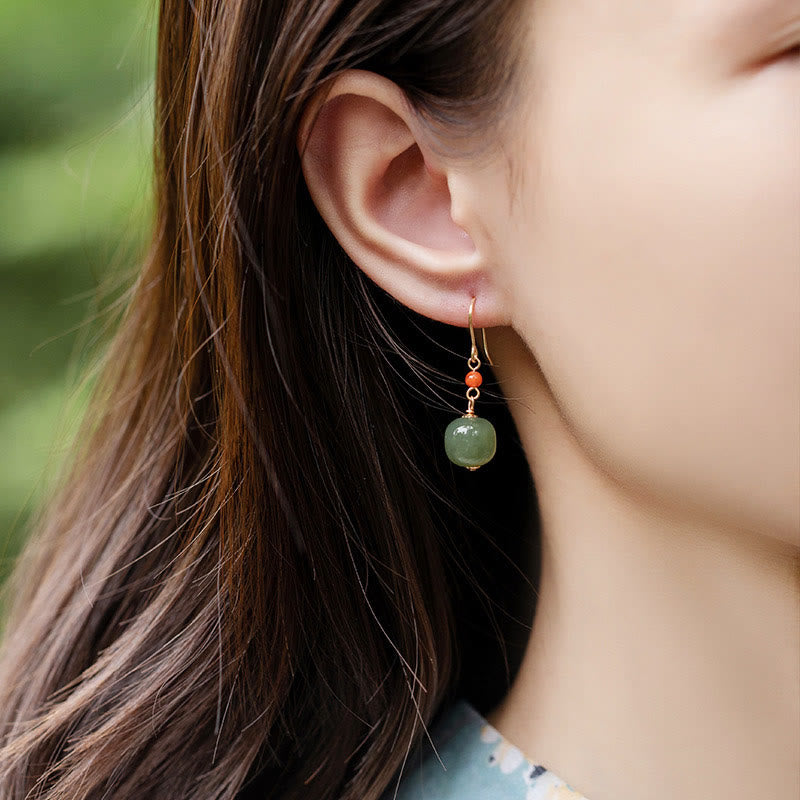 Buddha Stones 925 Sterling Silver Plated 14k Gold Hetian Jade Red Agate Luck Drop Dangle Earrings
