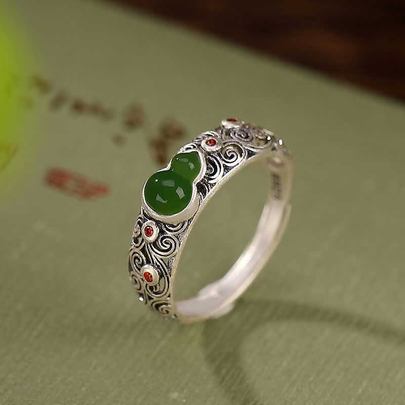 Buddha Stones 925 Sterling Silver Red Agate Cyan Jade Gourd Blessing Auspicious Ring