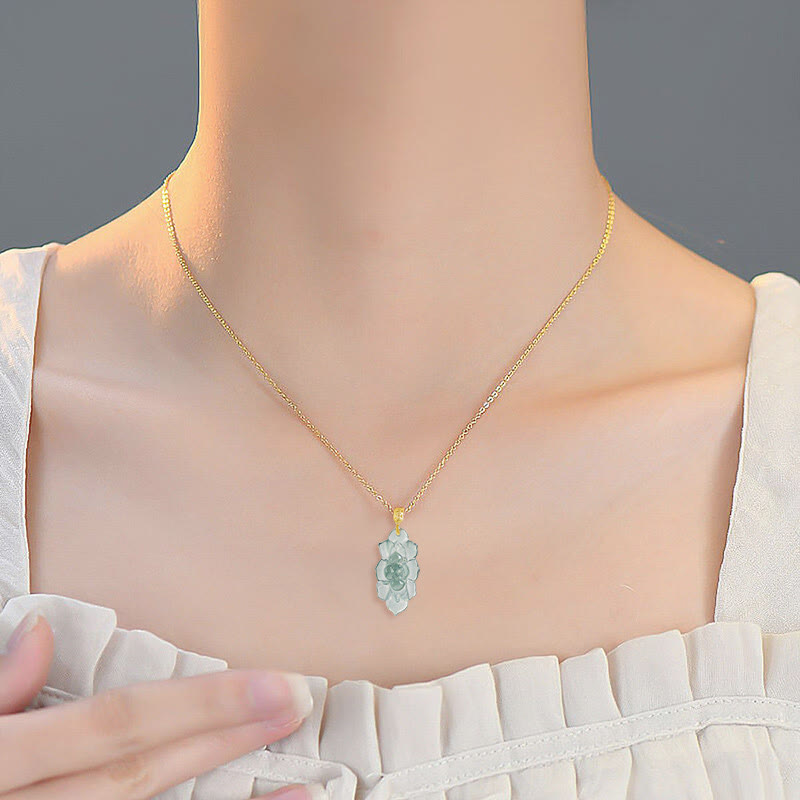 Buddha Stones 925 Sterling Silver Chain 18K Gold Buckle Natural Jade Lotus Pattern Prosperity Necklace Pendant