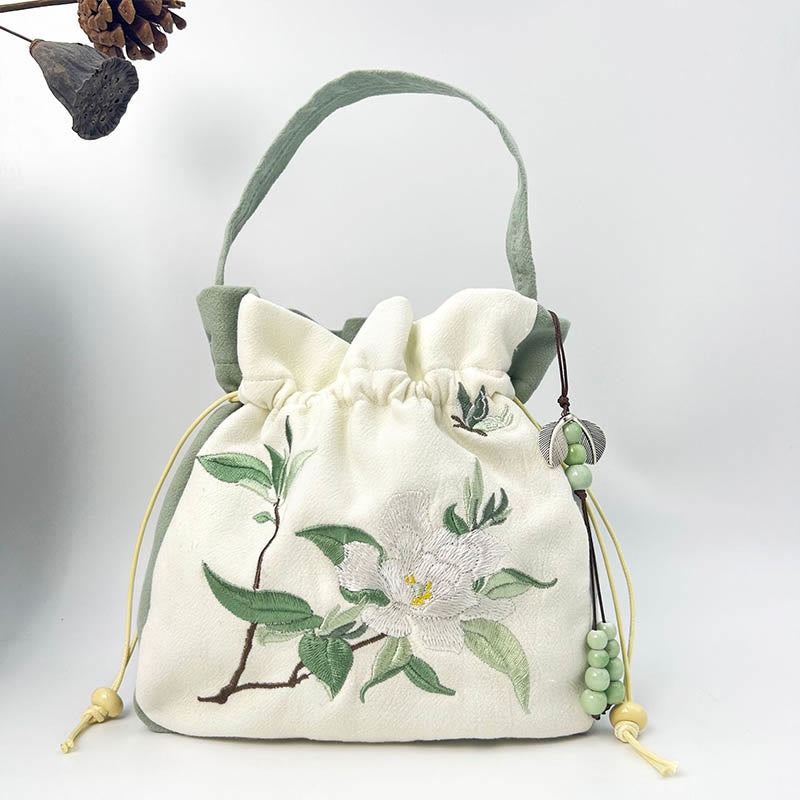 Buddha Stones Embroidered Butterfly Lotus Magnolia Cotton Linen Tote Crossbody Bag Shoulder Bag Handbag