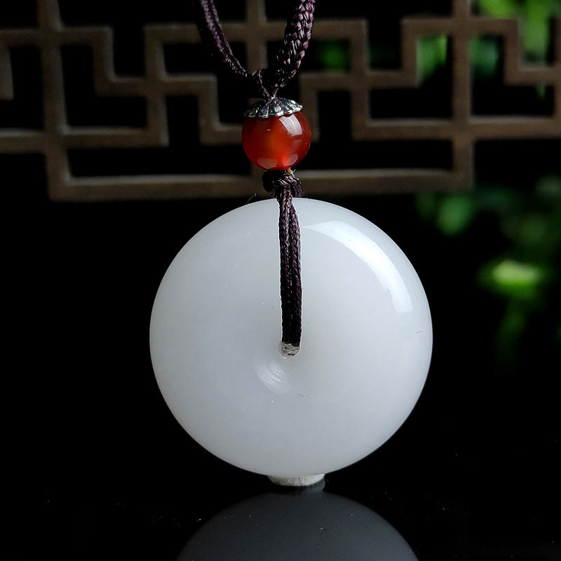 Buddha Stones Round Hetian White Jade Peace Buckle Blessing Necklace Pendant