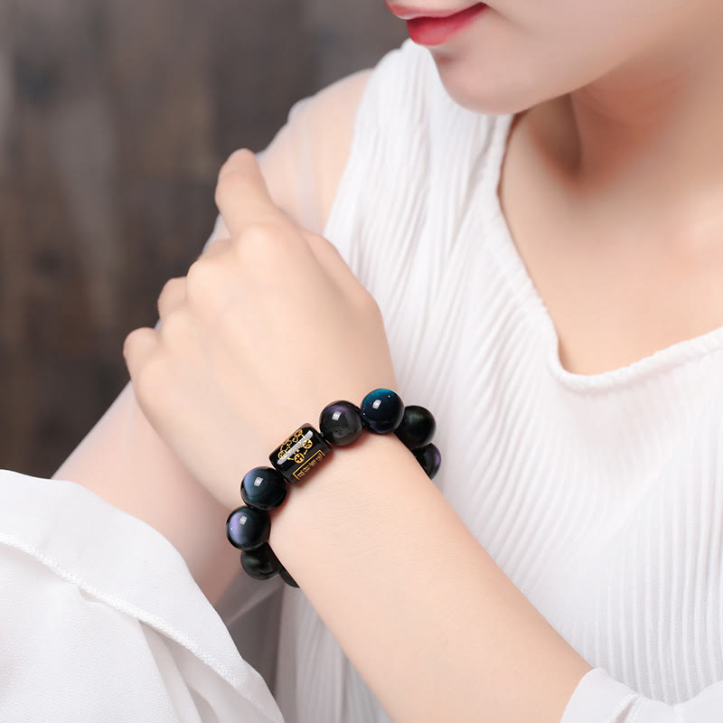 Buddha Stones "Sending Balance and Protection" Rainbow Obsidian Bracelet Includes Gift Message Card