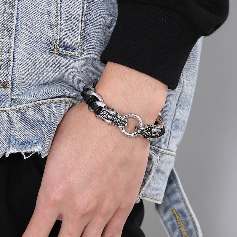 Buddha Stones Dragon Leather Titanium Steel Protection Luck Braided Bracelet