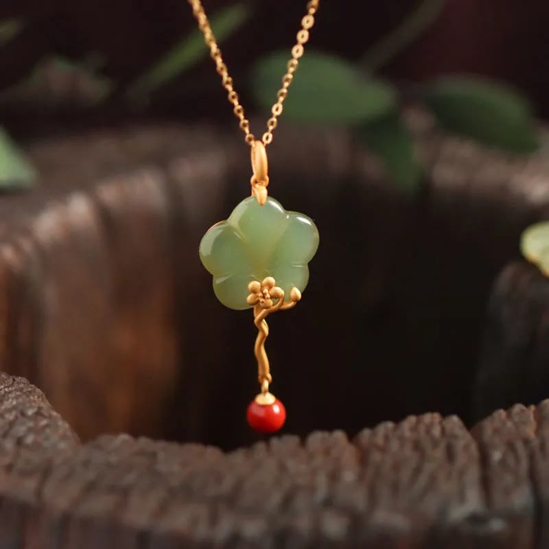 Buddha Stones Vintage Plum Blossom Flower Jade Red Agate Prosperity Necklace Pendant