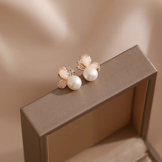 Buddha Stones 18k Gold Plated Pearl Butterfly Love Freedom Stud Earrings