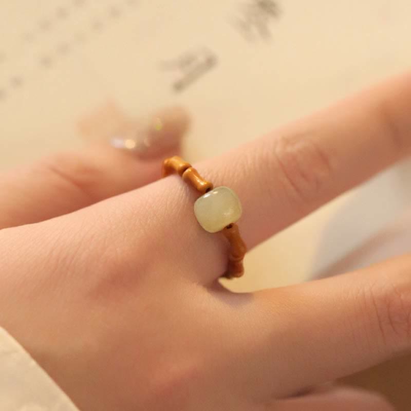 Buddha Stones Hetian Jade Beaded Bamboo Prosperity Luck Ring