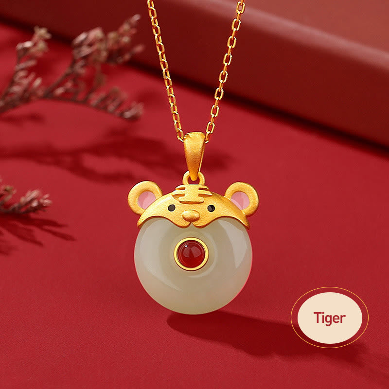 Buddha Stones 925 Sterling Silver Hetian Jade Chinese Zodiac Year of the Dragon Red Agate Luck Protection Necklace Pendant