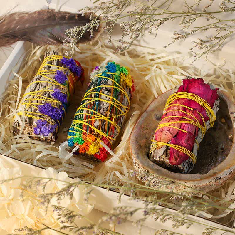 Buddha Stones Colorful Daisy Red Rose Flowers Smudge Stick for Home Cleansing Incense Healing Meditation Smudge Sticks Rituals Set