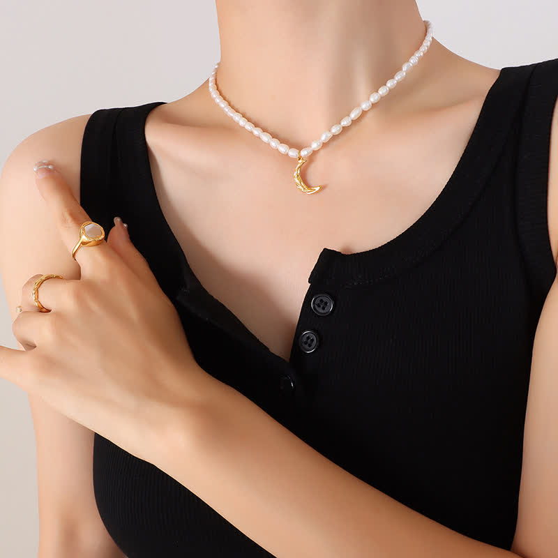 Buddha Stones Pearl Crescent Moon Calm Necklace Pendant
