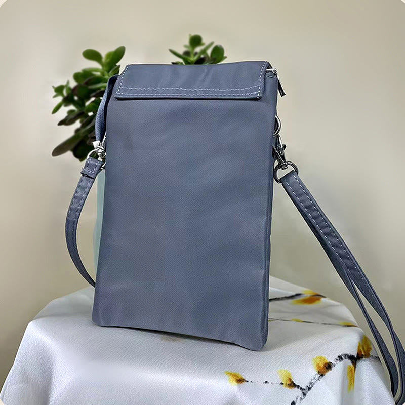 Buddha Stones Waterproof Handmade Embroidered Lotus Flowers Crossbody Bag Shoulder Bag Cellphone Bag