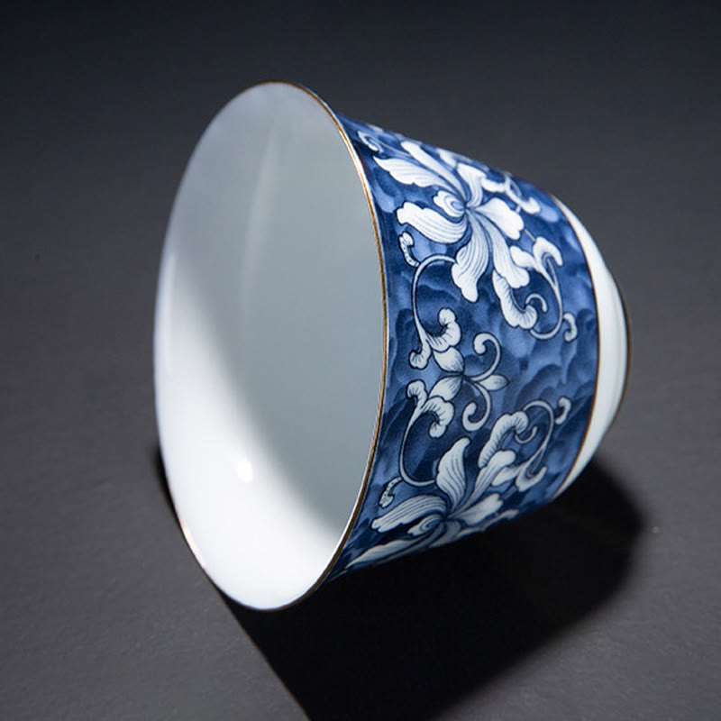 Buddha Stones Colorful Flowers Orchid Sea Waves Blue and White Porcelain Ceramic Teacup Kung Fu Tea Cup