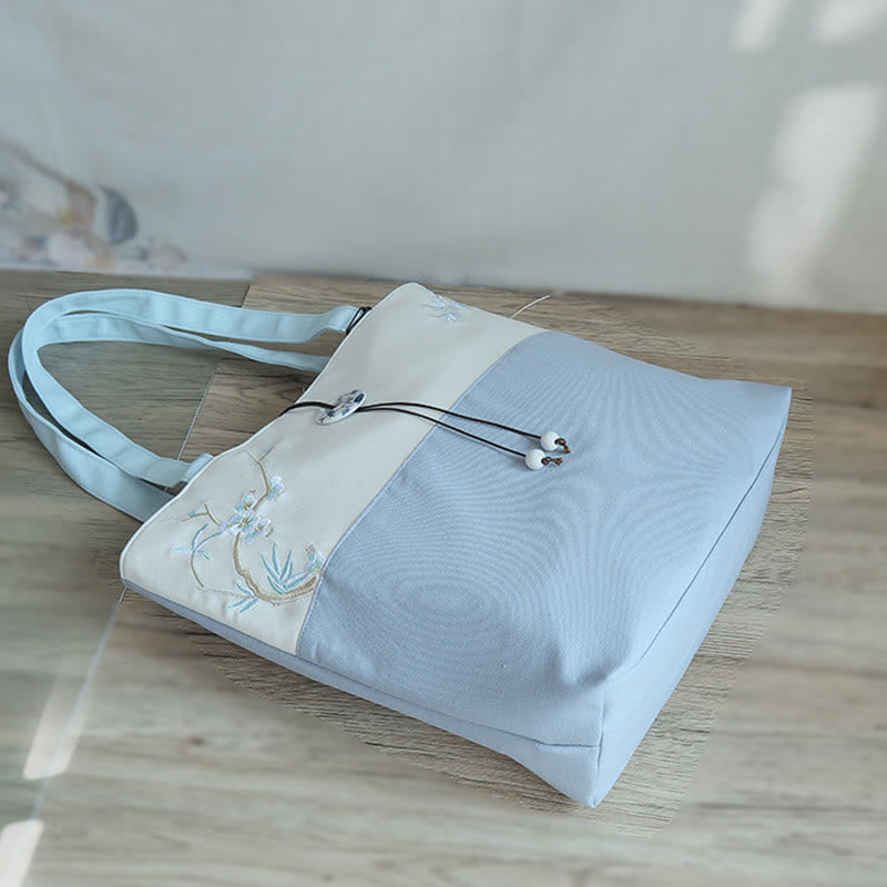 Buddha Stones Pear Flower Plum Peach Blossom Bamboo Embroidery Canvas Large Capacity Shoulder Bag Tote Bag