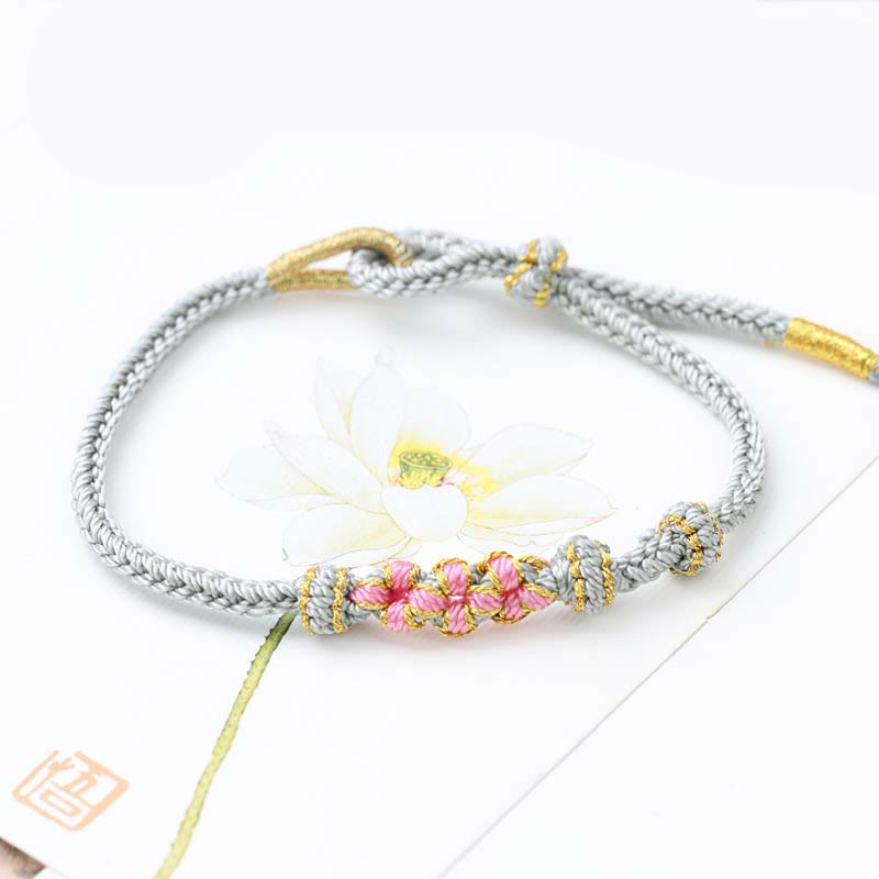 Buddha Stones Handmade Three Peach Blossoms Luck Eight Strands Braided String Bracelet