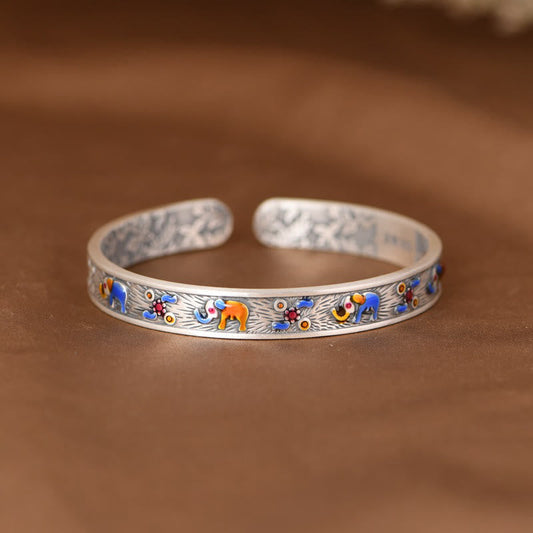 Buddha Stones 999 Sterling Silver Elephant Strength Wisdom Bracelet Cuff Bangle