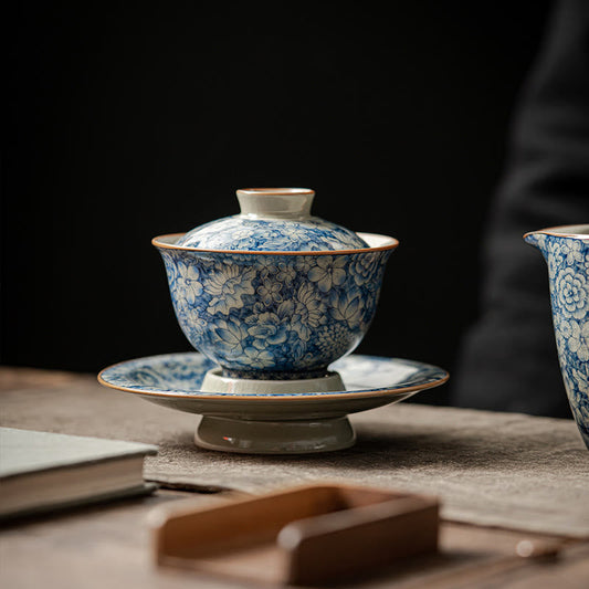 Buddha Stones Vintage Blue And White Porcelain Peach Blossom Lotus Peony Ceramic Gaiwan Sancai Teacup Kung Fu Tea Cup And Saucer With Lid
