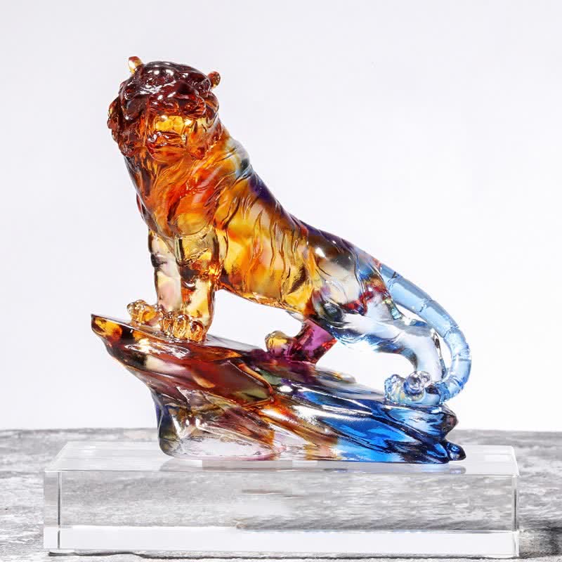 Buddha Stones Handmade Liuli Crystal Tiger Art Piece Protection Home Decoration